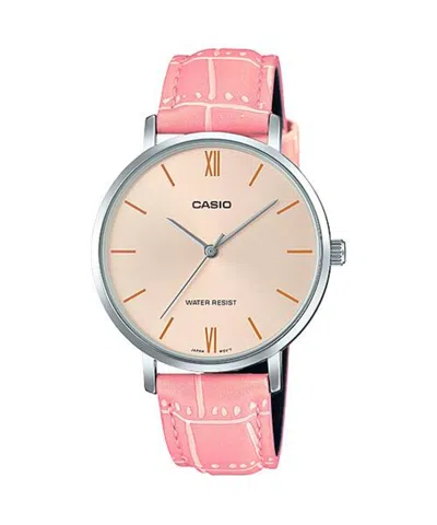 Casio Women's Pink Leather Strap Champagne Dial Analog Watch - Ltp-vt01l-4budf In Metallic