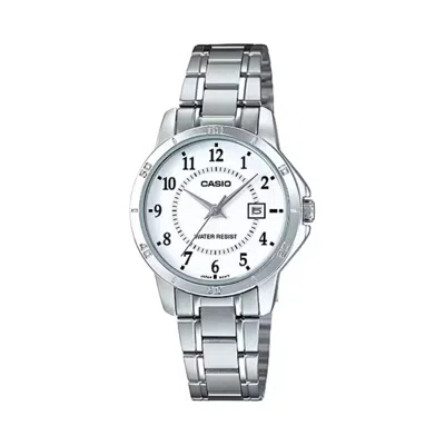Casio Women's Silver Bracelet Watch With White Dial And Date - Ltp-v004d-7budf In Metallic