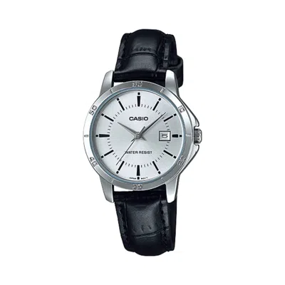 Casio Women's Silver Dial Black Leather Strap Watch - Ltp-v004l-7audf In Green