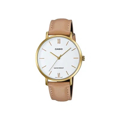 Casio Women's Tan Leather Strap Analog Watch With Gold Case - Ltp-vt01gl-7budf In Brown