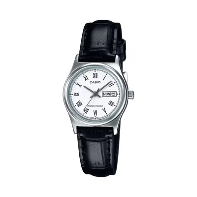 Casio Women's White Dial Black Leather Strap Watch - Ltp-v006l-7budf