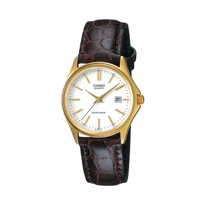 Casio Women's White Dial Brown Leather Strap Gold-tone Watch - Ltp-1183q-7a