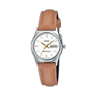 Casio Women's White Dial Brown Leather Strap Watch - Ltp-v006l-7b2udf In Silver