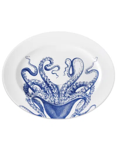 Caskata Lucy Octopus Large Rimmed Oval Platter In Blue On White
