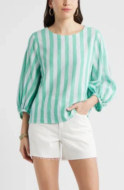 Caslon ® Balloon Sleeve Linen Blend Top In Blue- Green Cabana Stripe