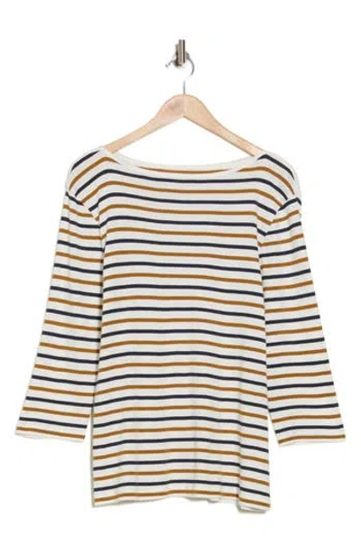 Caslon ® Boat Neck Long Sleeve Tee In Ivory- Brown Navy Stripe