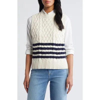 Caslon ® Cable Knit Pima Cotton Sweater Vest In Ivory Pristine- Navy Stripe