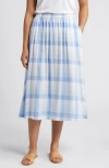 Caslon Check Linen Blend Midi Skirt In Blue-white Multi Check