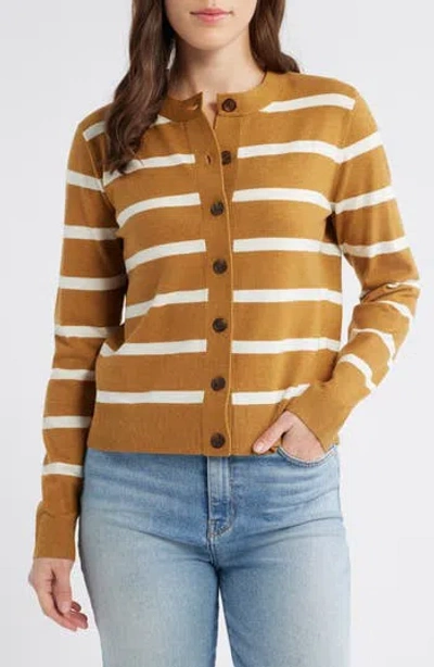 Caslon ® Classic Crewneck Cardigan In Brown Gold Renee Stripe