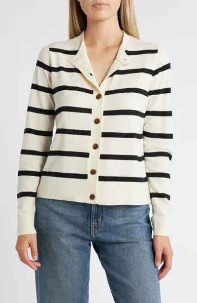 Caslon ® Classic Crewneck Cardigan In Ivory- Black Renee Stripe