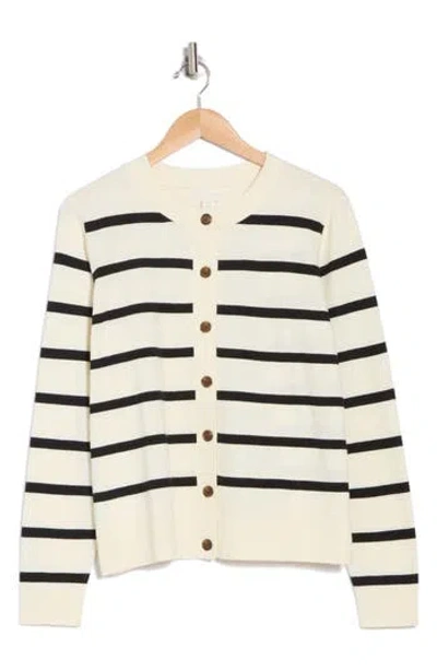 Caslon ® Classic Crewneck Cardigan In Ivory- Black Renee Stripe