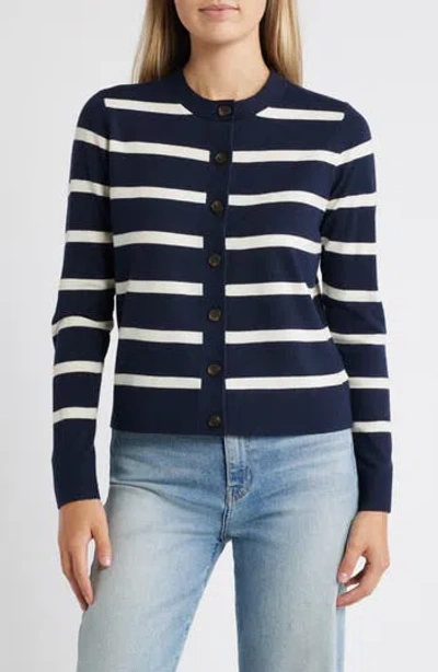 Caslon ® Classic Crewneck Cardigan In Navy- Ivory Renee Stripe