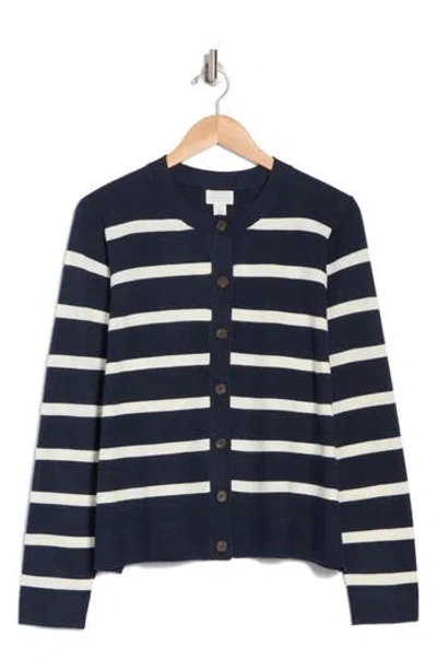 Caslon ® Classic Crewneck Cardigan In Navy- Ivory Renee Stripe