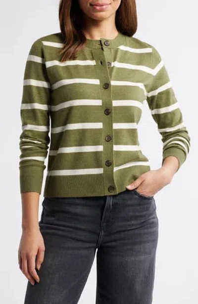 Caslon ® Classic Crewneck Cardigan In Olive- Ivory Renee Stripe