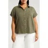 Caslon Cotton Gauze Camp Shirt In Olive Burnt