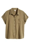 Caslon Cotton Gauze Camp Shirt In Olive Burnt