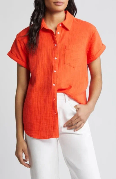 Caslon Cotton Gauze Camp Shirt In Red Grenadine