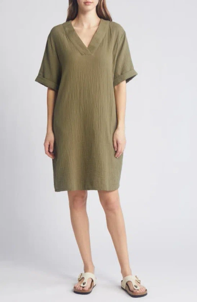 Caslon Cotton Gauze Shift Dress In Olive Burnt