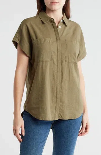 Caslon ® Double Pocket Linen Blend Camp Shirt In Olive Burnt
