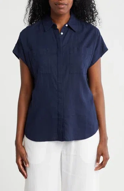 Caslon ® Double Pocket Linen Blend Camp Shirt In Blue