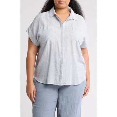 Caslon ® Double Pocket Linen Blend Camp Shirt In Blue Vintage Leah Stripe