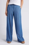 Caslon Drawstring Wide Leg Chambray Pants In Blue