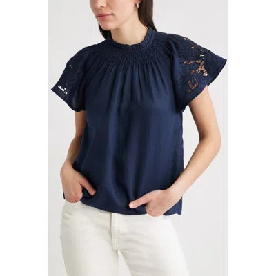 Caslon ® Embroidered Cutwork Linen Popover Top In Blue