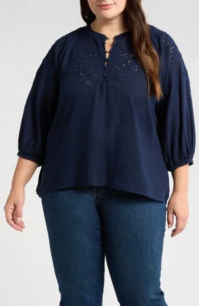 Caslon ® Embroidered Cutwork Split Neck Linen Blend Popover Top In Blue
