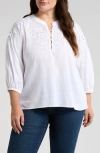 Caslon ® Embroidered Cutwork Split Neck Linen Blend Popover Top In White