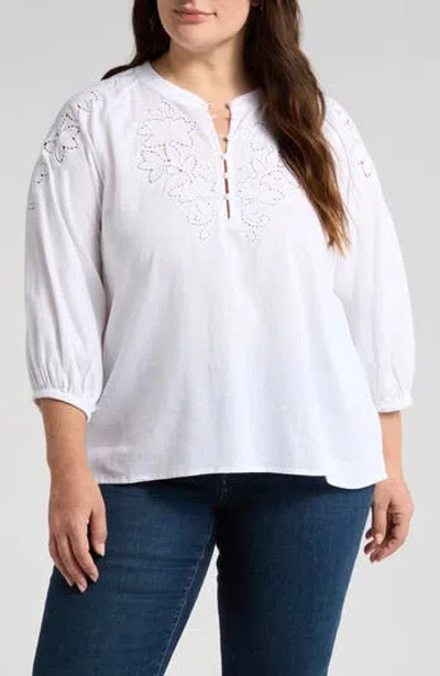Caslon ® Embroidered Cutwork Split Neck Linen Blend Popover Top In White