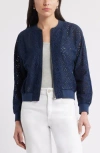 Caslon ® Embroidered Eyelet Cotton Zip-up Bomber Jacket In Blue