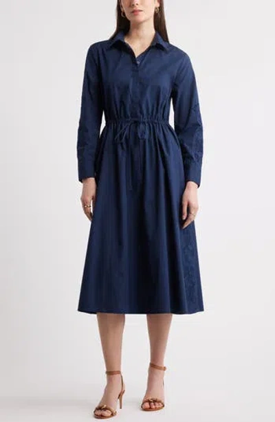 Caslon ® Eyelet Detail Long Sleeve Cotton Shirtdress In Blue