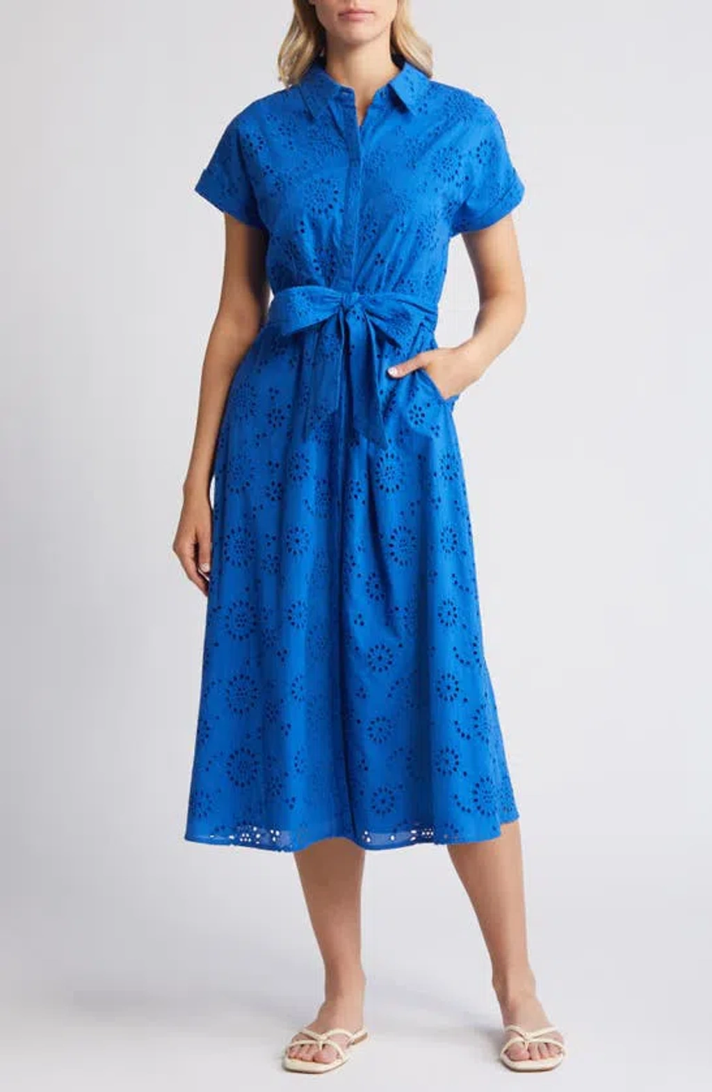 Caslon Eyelet Embroidery Cotton Shirtdress In Blue Marmara | ModeSens