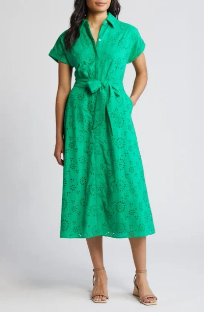 Caslon Eyelet Embroidery Cotton Shirtdress In Green Bright