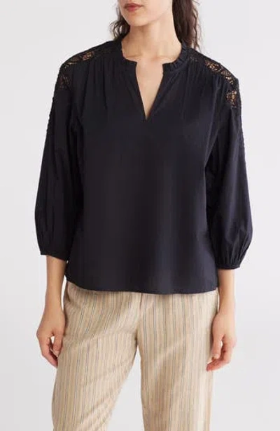 Caslon ® Eyelet Lace Balloon Sleeve Cotton Poplin Top In Black