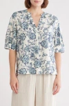 Caslon ® Floral Elbow Sleeve Linen Blend Popover Top