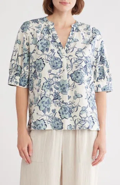Caslon ® Floral Elbow Sleeve Linen Blend Popover Top
