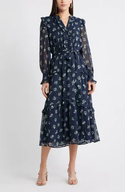 Caslon ® Floral Fil Coupé Long Sleeve Midi Dress In Blue
