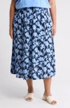 Caslon ® Floral Linen Blend Pull-on Skirt In Navy Blazer- Blue Phoenix