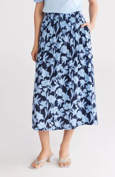Caslon ® Floral Linen Blend Pull-on Skirt In Navy Blazer- Blue Phoenix