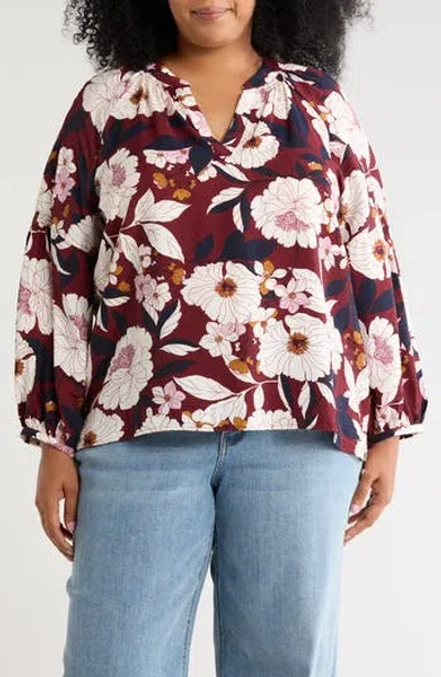 Caslon ® Floral Long Sleeve Popover Top In Red Grape Garden Floral