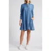 CASLON CASLON® FLOUNCE HEM LONG SLEEVE CHAMBRAY SHIRTDRESS