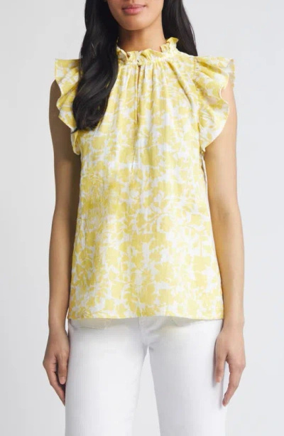 Caslon Flounce Sleeve Cotton Gauze Top In White- Yellow Kindred Flower