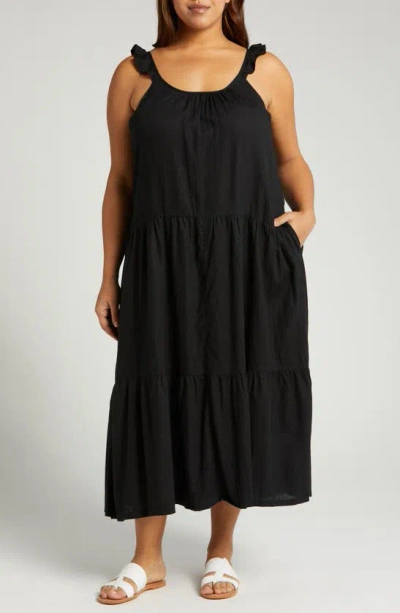Caslon Flutter Sleeve Tiered Linen Blend Midi Dress In Black