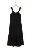 Caslon Flutter Sleeve Tiered Linen Blend Midi Dress In Black