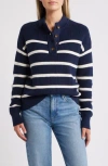 Caslon ® Half Button Pima Cotton Blend Sweater In Navy- Ivory Renee Stripe
