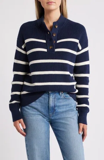 Caslon ® Half Button Pima Cotton Blend Sweater In Navy- Ivory Renee Stripe