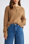 Caslon ® Half Button Pima Cotton Blend Sweater In Tan Camel Dark Heather
