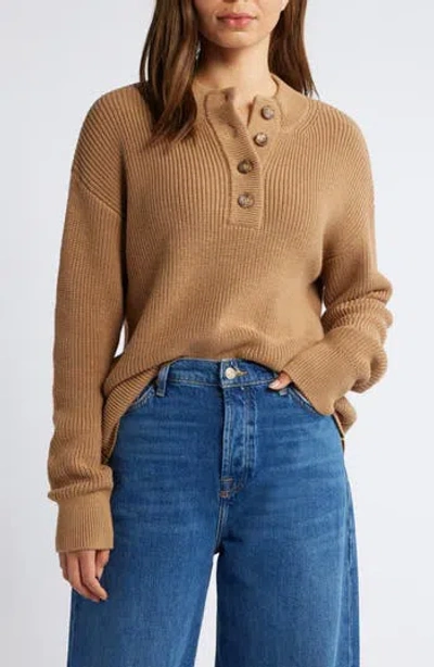 Caslon ® Half Button Pima Cotton Blend Sweater In Tan Camel Dark Heather