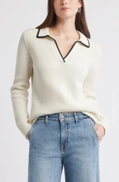 Caslon ® Johnny Collar Cotton & Wool Sweater In White